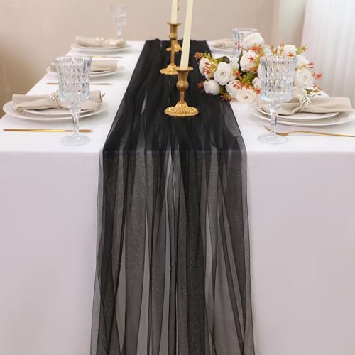 Snowkingdom Black 10FT Sheer Tulle Table Runner for Wedding & Party - Boho Cheesecloth Decoration