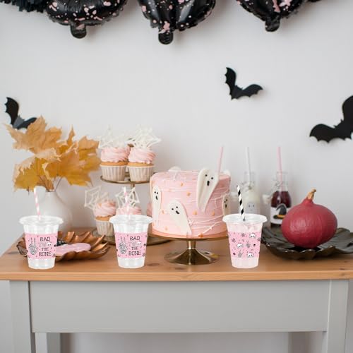 Halloween Plastic Cups with Lids & Straws 12oz - Bad Two The Bone Pink Black Skull Set