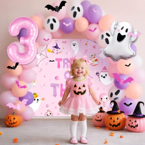 Pink Trick or Three Birthday Decorations Set for Girl 3rd Halloween Party