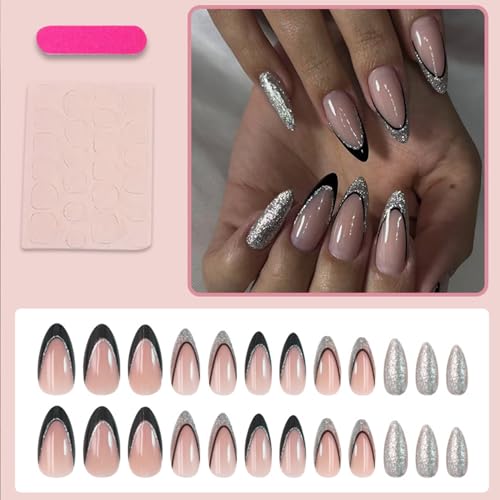 French Line Medium Almond Fake Nails - Black Silver Glitter Full Cover Tips - Variation 2