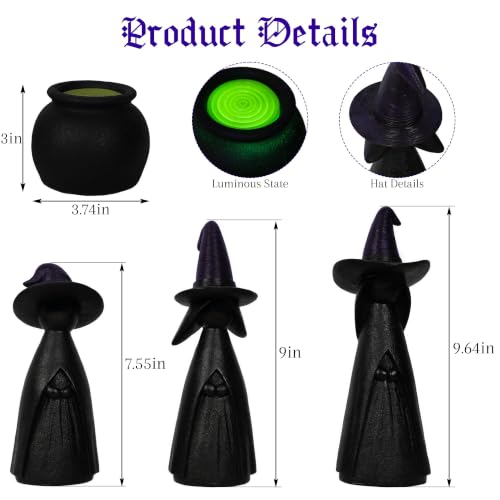 Green Halloween Witch Cauldron Figurine Set - Lighted Resin Miniatures for Indoor Outdoor Decor