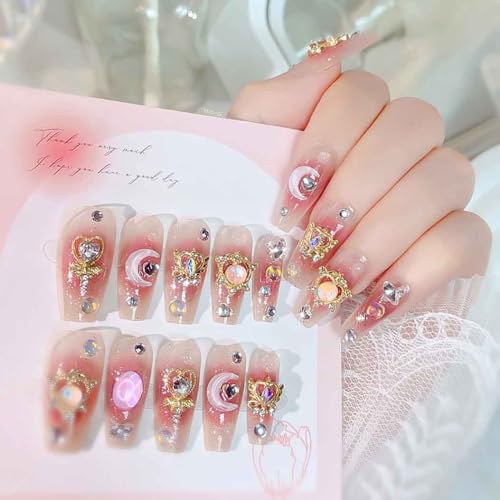Long Coffin Pink 3D Design Fake Nails - Glossy Full Cover Press-On Nails for Women, 24 Pieces