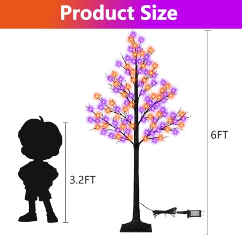 Lighted Halloween Artificial Tree Set - 6FT Black Birch with Orange & Purple LED Lights
