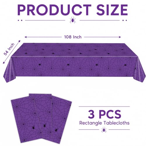 Purple Spider Web Halloween Plastic Tablecloths - Pack of 3, 54x108 Inches