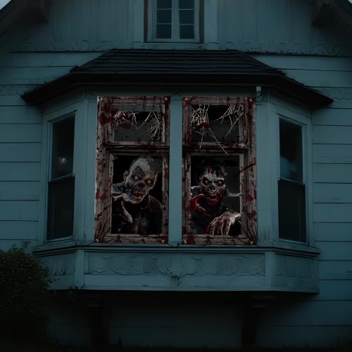 Halloween Zombie Window Decorations - 2PCS Spooky Curtain Banner for Haunted House