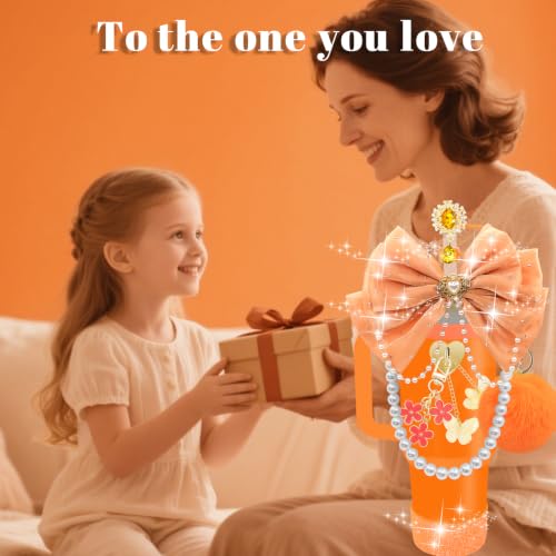 Orange Bling Stanley Cup Accessories Set for 20/30/40oz Tumblers - Glitter Bow Handle Strap & More