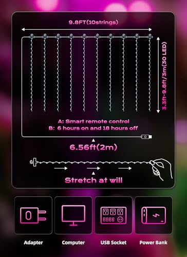 Pink Fairy Curtain String Lights - 300 LEDs, 9.8ft x 9.8ft, 8 Modes, Remote & Timer