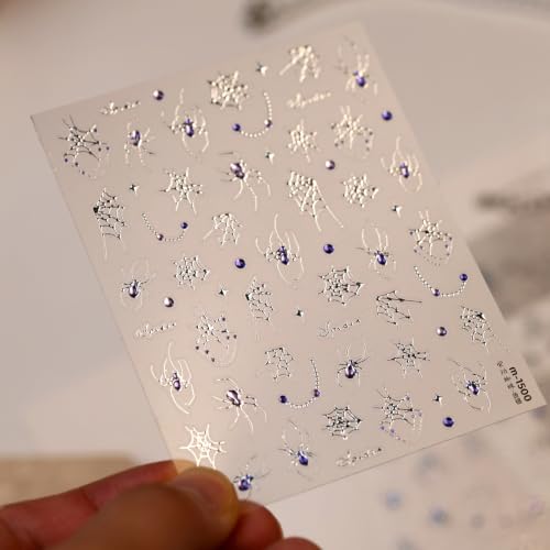 Halloween Silver Spider Nail Stickers 5D Embossed Nail Decals - Design-14