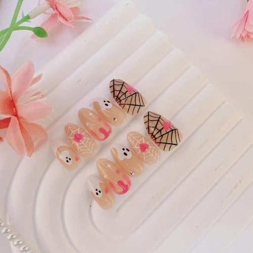 Halloween Short Almond Press On Nails Set - Colorful Ghost Spider Web Heart Rhinestone 8