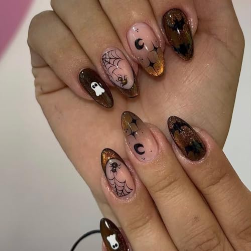 Fall Halloween Press-On Nails Medium Almond - Brown Cat Eye Style-42