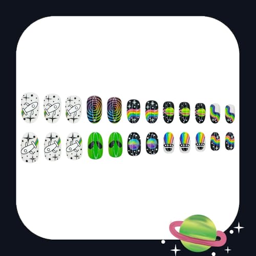 24 Pcs Short Oval Press On Nails with Rainbow Alien Design - Night Sky Variation