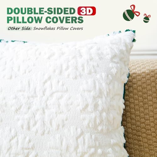 Green+ White 20x20 Inch Christmas Pillow Covers Set - Double-Sided 3D Embroidered Holiday Decor