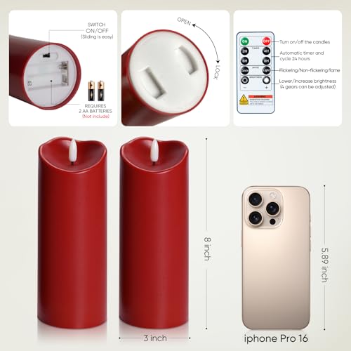 Outdoor Waterproof Flameless LED Candle 8x3 Inches with Remote & Timer - Red Variation of D3xH8