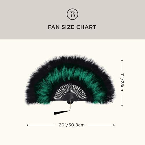 1920s Marabou Feather Folding Hand Fan - Black Green Vintage Flapper Accessory
