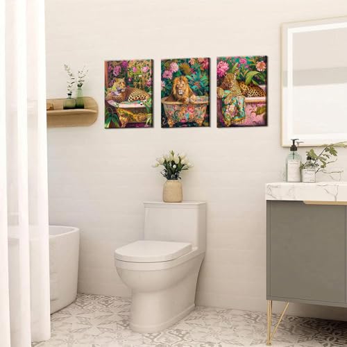 Large Bathroom Leopard Wall Art - 3 Piece Jungle Animal Canvas Prints 16x24in Framed - Variation of 24L x 16W