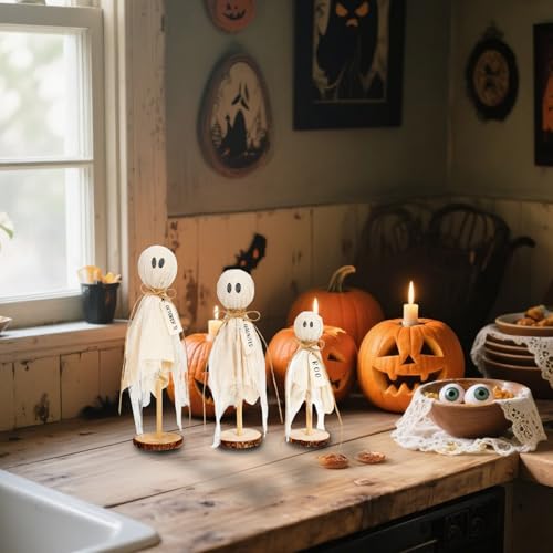 Set of 3 Rustic Wooden Ghost Halloween Decorations for Centerpiece and Mantel