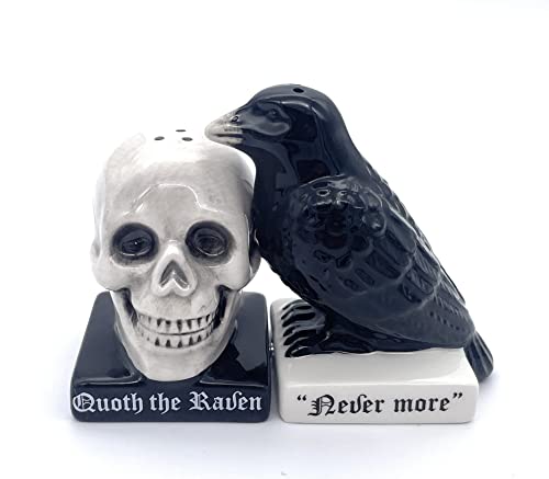 Halloween Skull and Raven Salt and Pepper Shaker Set Ceramic Gothic Decor