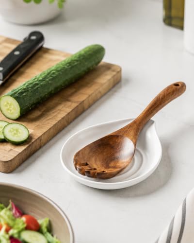 Ceramic Spoon Rest - White Kitchen Spoon Holder for Stove Top - 6.1x5 Inches - LAUCHUH