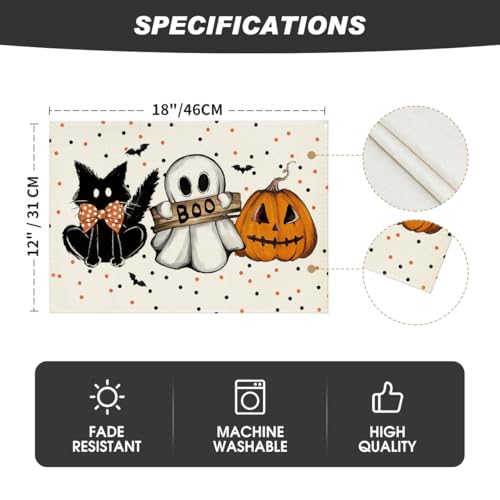 Artoid Mode Beige Cat Ghost Halloween Placemats Set of 4 - 12 x 18 Inch Rectangular