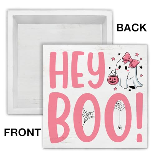 Halloween Ghost Wood Sign - Spooky Hey Boo Decor for Party & Home