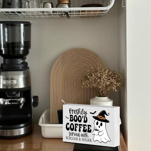 Halloween Ghost Coffee Bar Sign - Wooden Kitchen Decor for Halloween