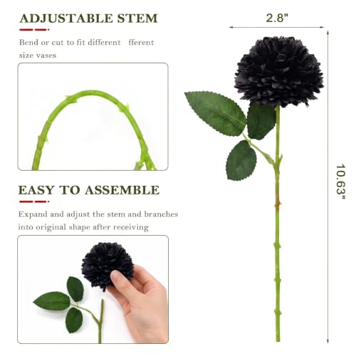 Black Artificial Chrysanthemum Flowers Ball Set - 12 Faux Flowers for Decor