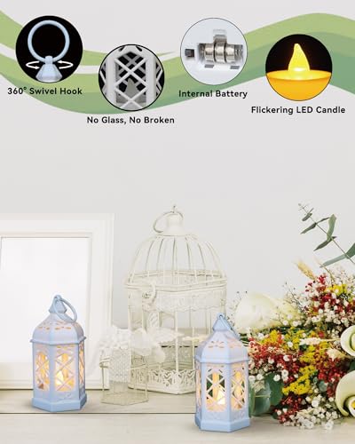 White Mini Moroccan Lanterns 12-Pack with Flickering LED Candles - Shatterproof Table & Hanging Decor for Ramadan Weddings Events