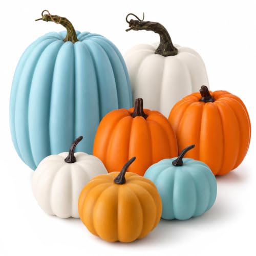 7 Pcs Faux Teal Blue Pumpkin Decor - Artificial Fall Pumpkins for Home & Table Centerpieces