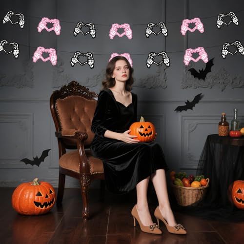 Halloween Skeleton Heart Banner Pink & Black Gothic Party Decor Set - Spooky Garland for Gothic Weddings and Bachelorette Parties