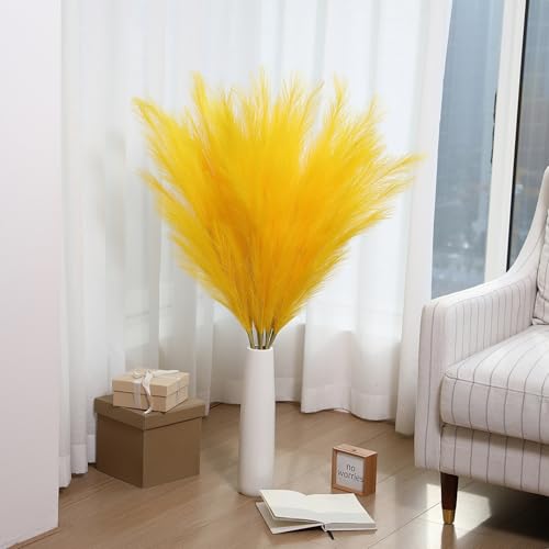 Yellow Pampas Grass Decor - Faux 8 Pieces, 45 Inch Tall, Lifelike Fluffy Stems