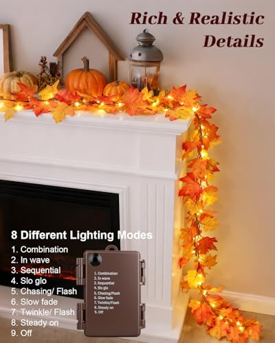 9.8FT Fall Garland with 60 LED Lights - Battery Operated Maple Leaves, 8 Modes Indoor Outdoor Decor