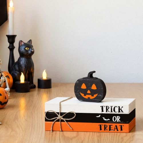 Halloween Wooden Pumpkin Stack with Faux Books - Ghost Pumpkin Variation