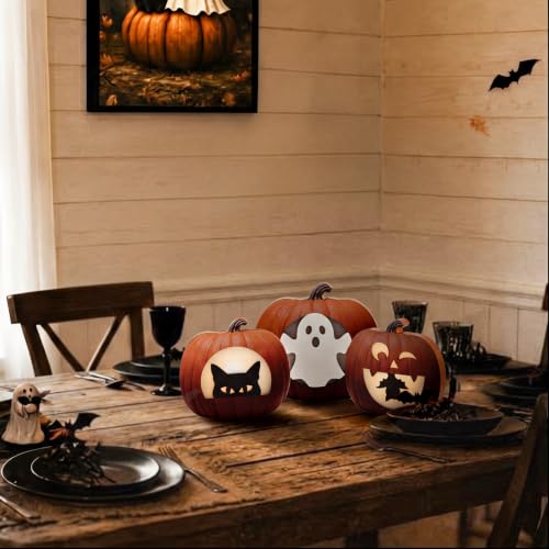 Halloween Lighted Pumpkin Table Decor Set with Ghost Cat Bat - Pinkunn