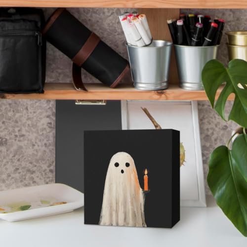 Halloween Ghosts Wooden Box Sign - Fall Thanksgiving Desk Decor, 5x5 Inch, Black Ghosts for Home Office, Variation: Ghost