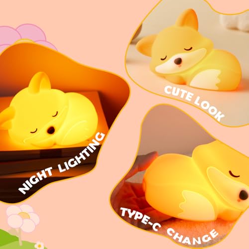 Orange Silicone Fox Night Light for Kids - Rechargeable Nursery Lamp with Timer