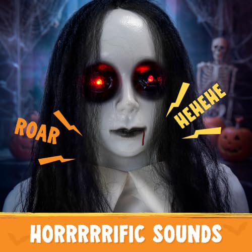 Halloween Hanging Ghost Girl Decoration with Sound & Lights - Black Hair Swinging Girl
