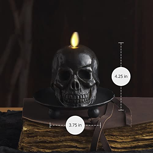 Flameless Skeleton Skull Candle - Black Moving Flame LED Halloween Décor - Small 3.75x4.25 inches