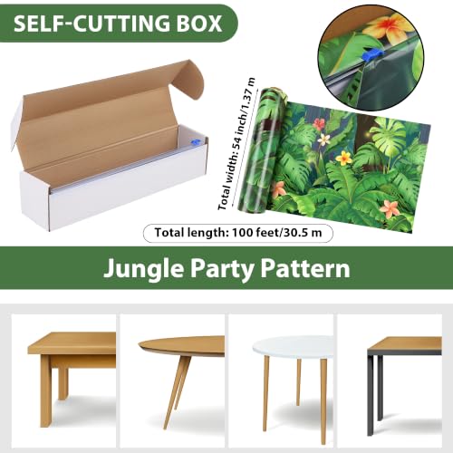 Rainforest Jungle Party Tablecloth Roll - 1200 x 54 Inches, Green Tropical Design