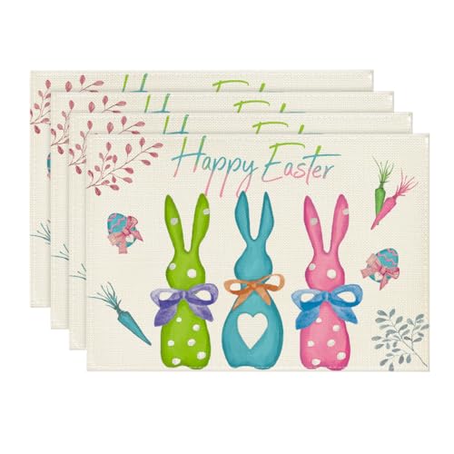 12x18 Inch Bunny Easter Placemats Set of 4 - Spring Table Decor, Rectangular Blue & Pink