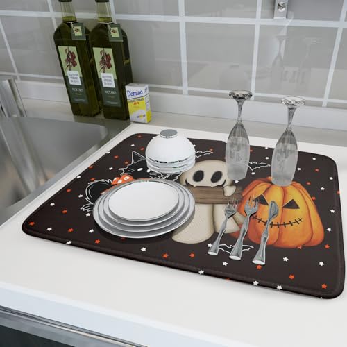 Halloween Dish Drying Mat - Spooky Pumpkin Ghost Black Cat Bats 24x18 Inch Reversible Kitchen Pad