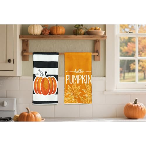 Fall Kitchen Towels Set - 4 Thick Pumpkin & Maple Leaf Dish Towels for Autumn Decor
