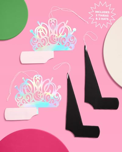 Small Witch Party Hanging Decor Set of 4 - Pink Tiaras & Black Hats, Iridescent Centerpieces