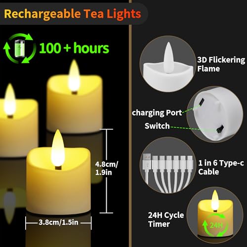12 Pack Rechargeable Flameless LED Tea Lights with Remote & 24H Timer
