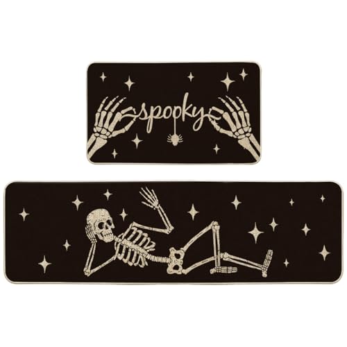 Skeleton Halloween Kitchen Mats Set of 2 - Black 17x29 & 17x59 Inches