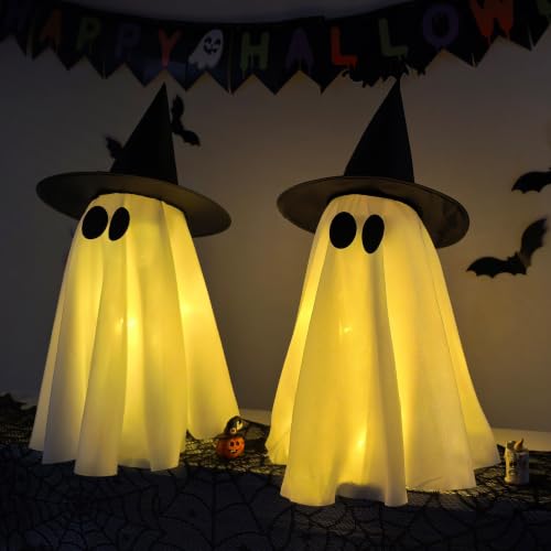 2-Pack Indoor Light-Up Ghost Halloween Decorations with Witch Hats - Spooky & Cute