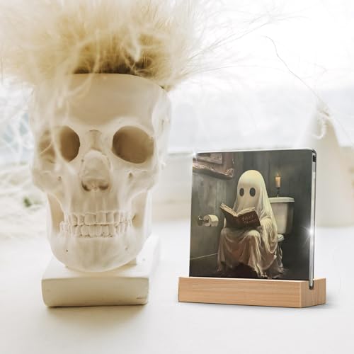 Halloween Ghost Decor Gift Acrylic Plaque with Wooden Stand for Home & Bathroom