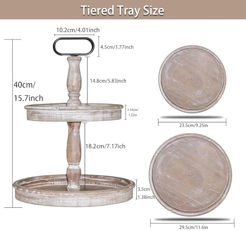 Brown 15.7-Inch Two Tier Farmhouse Wooden Serving Tray Stand - Rustic Decor
