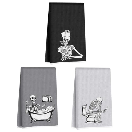 Jztco 3 Pcs Funny Skeleton Hand Towels - Skull Halloween Kitchen Dishcloths - Multi 1445