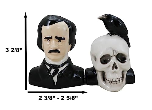 Gothic Edgar Allen Poe & Black Raven Skull Salt & Pepper Shakers Set - Macabre Decor