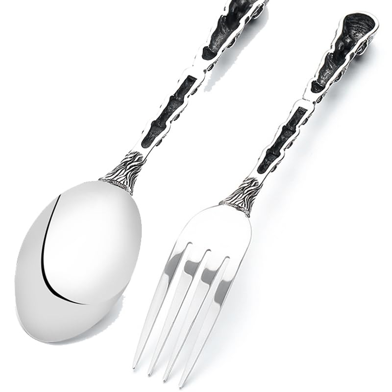 Skull Motif Serving Set - Stainless Steel Fork and Spoon for Halloween & Gothic Decor